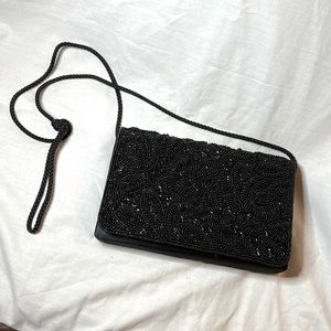 Gorgeous Black Satin beaded evening bag with string strap and magnetic closure